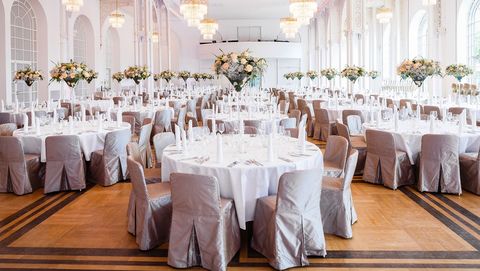 Flora Cologne ballroom with festively decorated round banquet tables