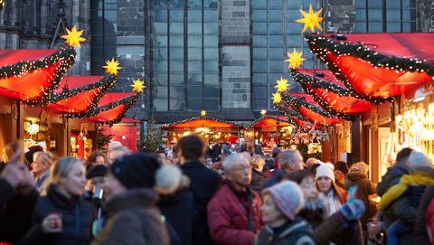 Christmas market at the cathedral with decorated wooden stalls