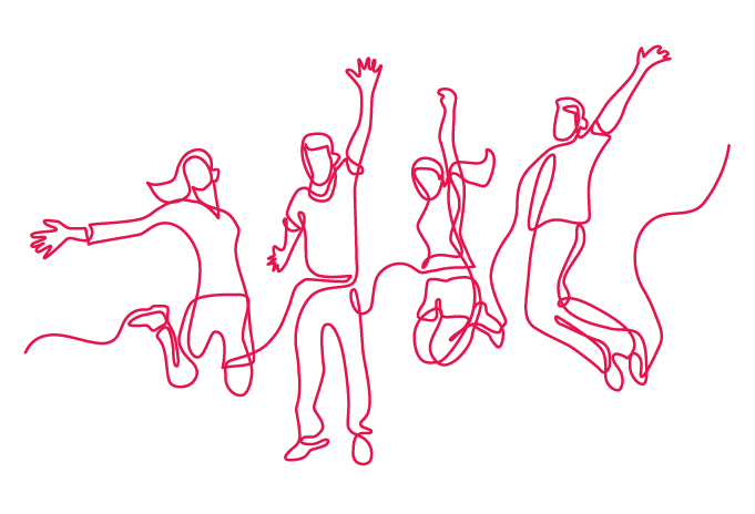 A simple illustration of a group of people jumping, drawn with a line.