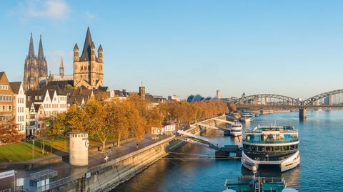 Panoramic view over Cologne's old town and the banks of the Rhine in autumn