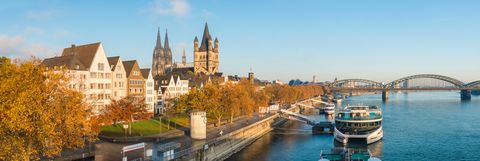 Panoramic view over Cologne's old town and the banks of the Rhine in autumn
