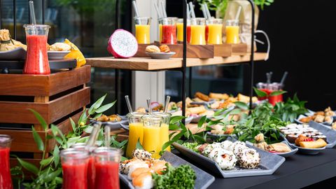 Catering buffet with sushi and juices