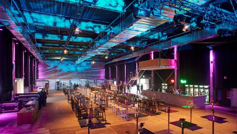 Event hall with an industrial look set up for an event